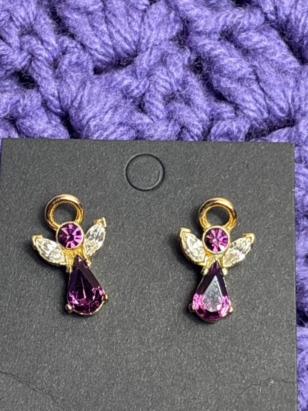 Goldtone Purple Clear Rhinestone Angel Stud Earrings 5/8 inch